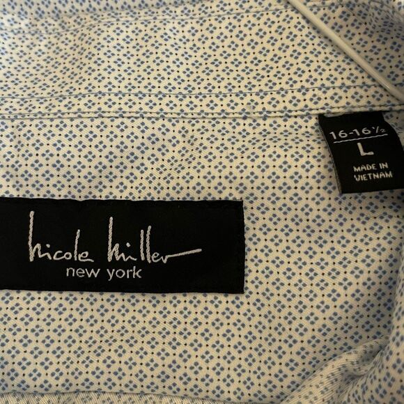 Large (16-16.5) Nicole Miller‎ Blue-White Print LS Dress Shirt - Picture 2 of 4